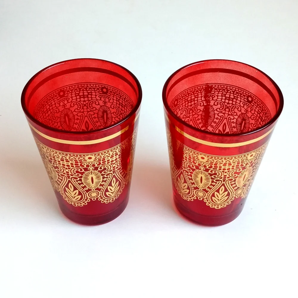 Vintage Moroccan / Turkish Tea Glasses Red & Gold Embellished Design Set of 2